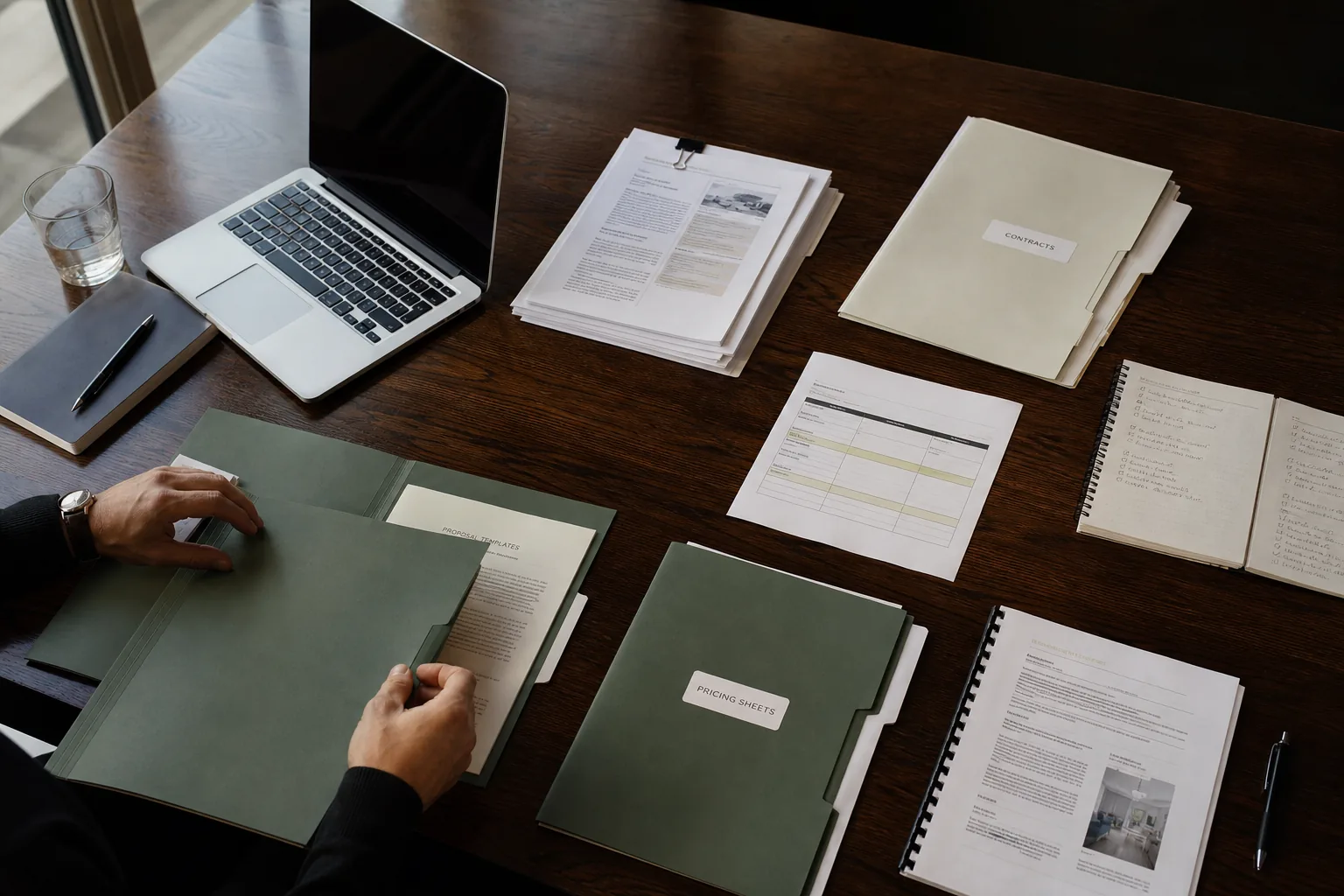 Documentos, modelos e referências de uma empresa organizados para consulta